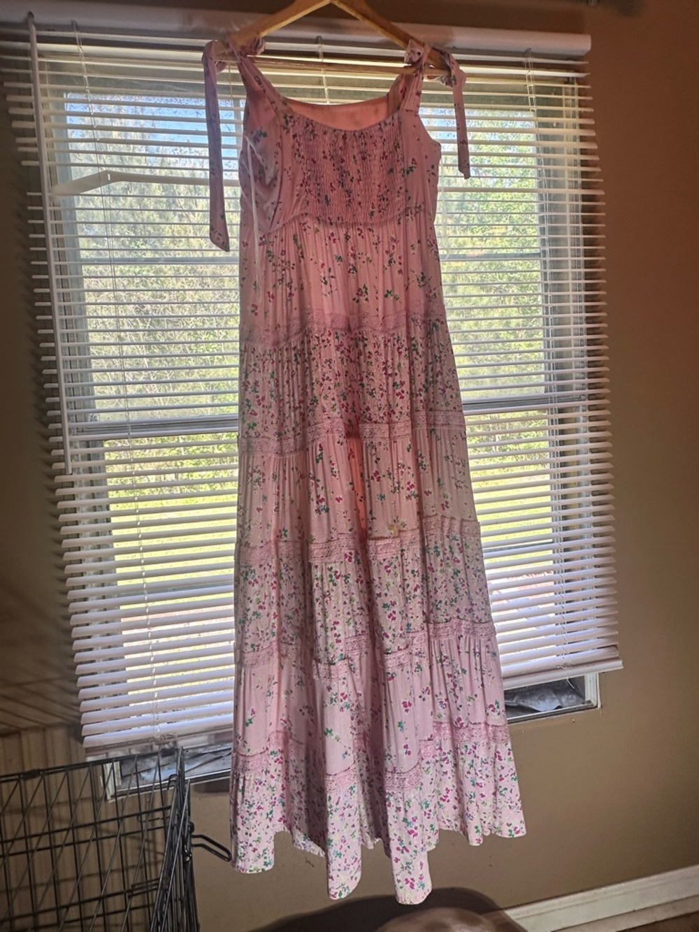 crown & ivy Pink Floral Tiered Maxi Dress with Tie Straps